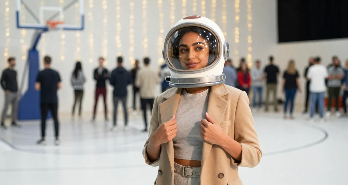 A carefree Female From Dubai UAE, majored in luxury branding and lifestyle presentation in their 28, feeling a renewed sense of ambition, wearing a retro sci-fi space girl outfit with a bubble helmet, unbuttoning a coat in a basketball court.