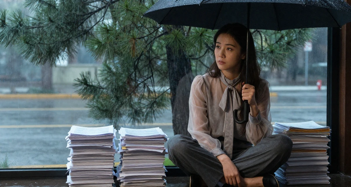 A guarded Female Once a hotel bartender, now creating nightlife-themed fan content in their 25, understanding which content gains real engagement, wearing a sheer chiffon blouse with a bow tie neck and slacks, holding an umbrella in a rainy street corner.