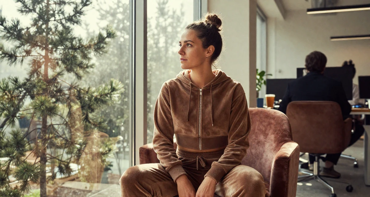 A serious Female From Belgium, studied film production in their 36, pivoting career paths completely, wearing a velour tracksuit with a cropped zip-up hoodie, looking out the window in a busy coworking space.