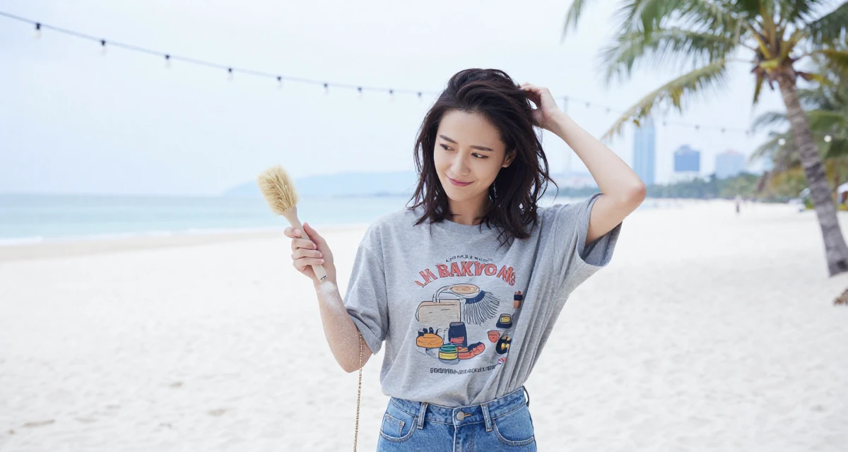 A witty Female Former bakery assistant, now crafting sweet, soft-aesthetic creator vibes in their 24, exploring unconventional career paths, wearing a laid-back graphic tee and jeans, brushing off dust in a tropical white sand beach.