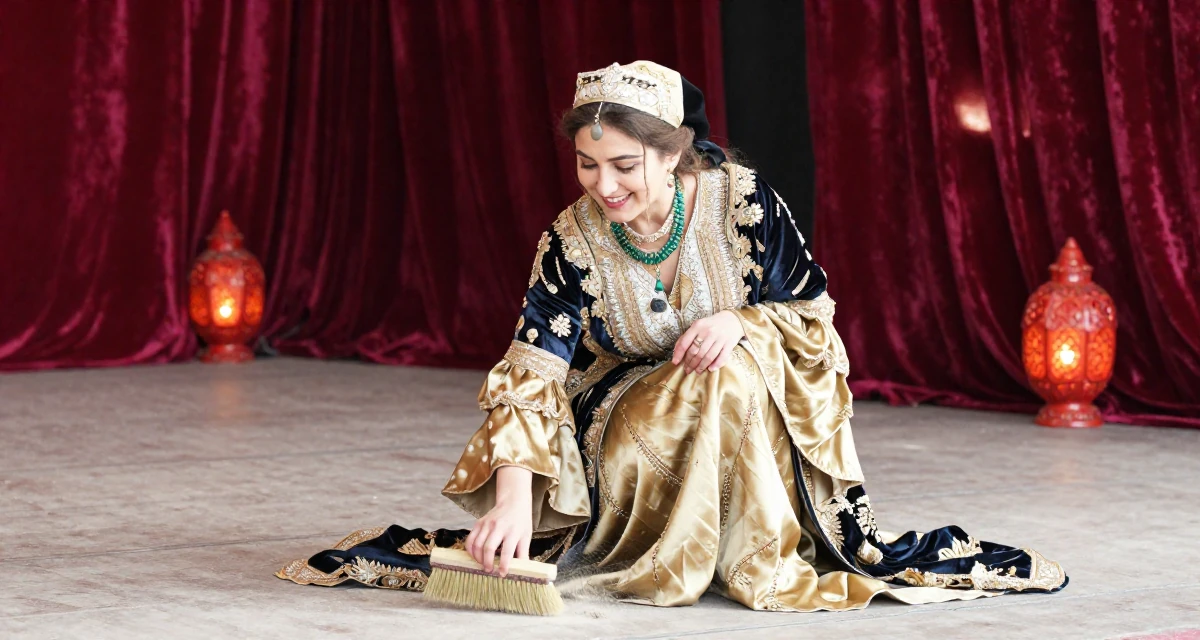 A glowing Female From Tajikistan, studied civil engineering in their 41, finding joy in volunteering and community, wearing a regal empress gown with heavy silk and jewelry, brushing off dust in a empty theater stage.