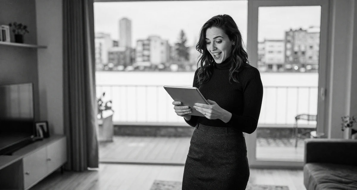 A playful and energetic Female Born in Greece, majored in content creation & storytelling in their 20, creating content for a growing online audience, wearing a fitted turtleneck and skirt, holding a tablet in a modern apartment.