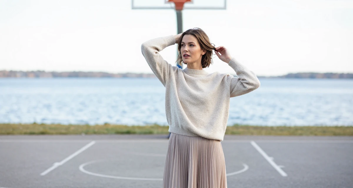 A inspired Female From Sweden, studied sociology in their 47, preparing for empty-nest life, wearing a soft cashmere sweater and a pleated midi skirt, fixing a loose strand of hair in a basketball court.