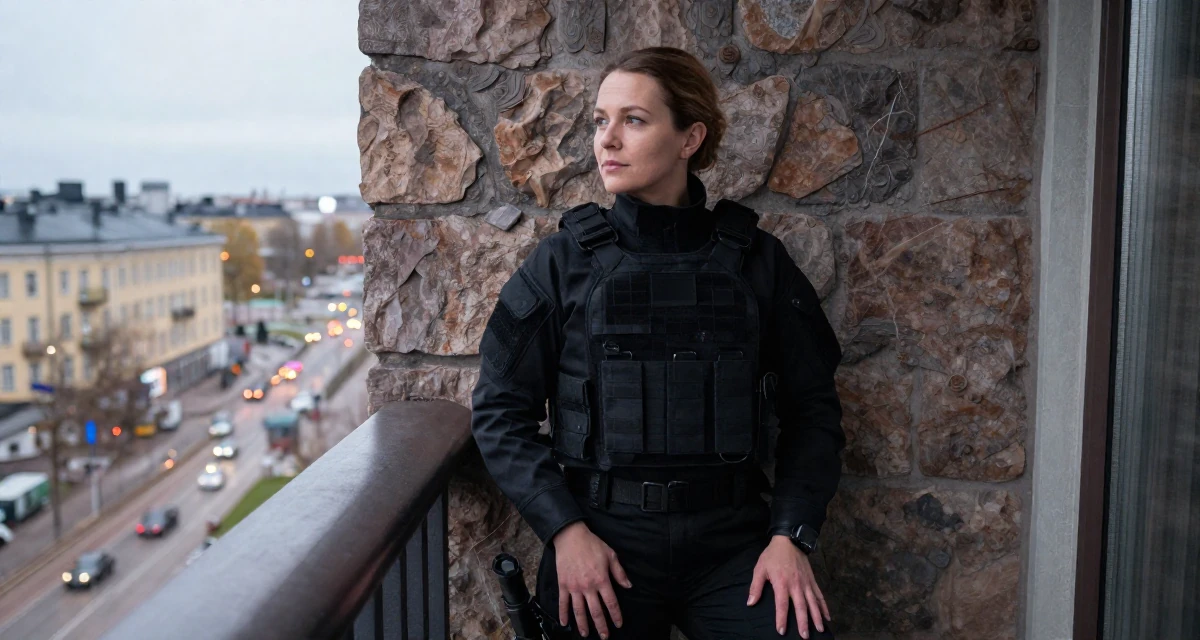 A dreamy Female From Helsinki Finland, practiced emotional expression through self-portrait art in their 34, managing a complex portfolio of responsibilities, wearing a special forces tactical suit in matte black, posing for a selfie in a luxury penthouse balcony.