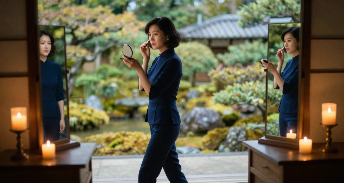 A calmly observant Female Raised in Vietnam, studied digital illustration in their 24, understanding long-term consequences of choices, wearing a classic navy blue ensemble, checking makeup in a compact mirror in a vanity mirror.