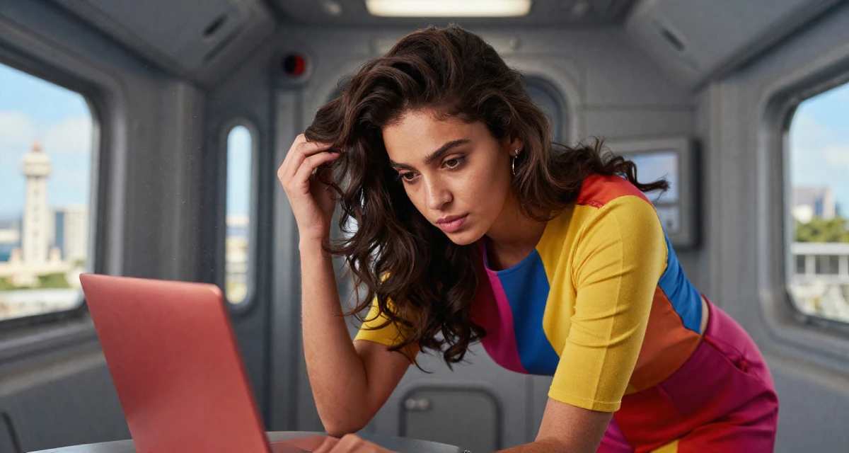 A thoughtfully silent Female From Mauritius, studied digital marketing in their 25, crafting a cute–seductive persona while studying full-time, wearing a bold color-block outfit, retouching hair volume in a spaceship corridor.