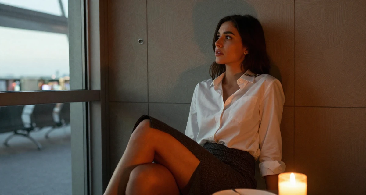 A captivating Female Former hotel housekeeper, now offering intimate behind-the-scenes content in their 22, figuring out what content brings recurring subs, wearing a asymmetrical hem skirt and a crisp white shirt, leaning against a door in a airport departure lounge.