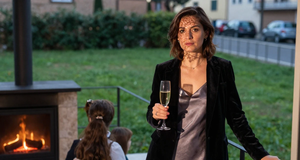 A relaxed and observant Female From Rome Italy, studied classical body aesthetics and figure drawing in their 46, running a household with teens, wearing a velvet blazer and a silk slip dress, holding a champagne glass in a grassy field.