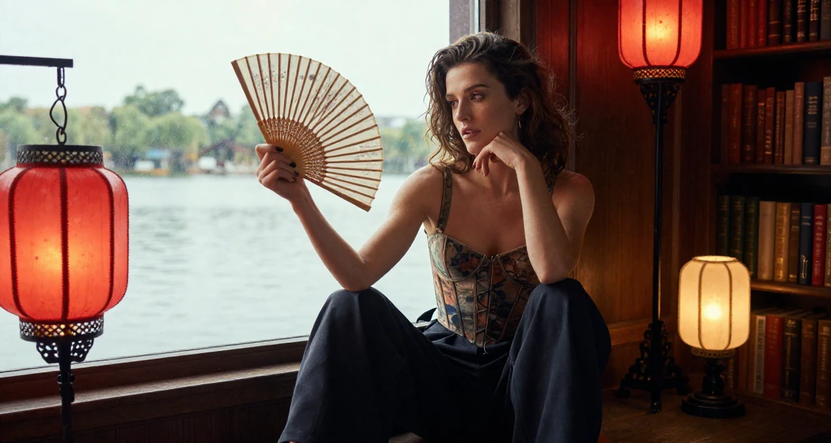 A distracted Female From Czech Republic, studied photography and cinematography in their 24, curating an elegant–sexy creator identity, wearing a corset-style top and wide-leg trousers, fanning self with a hand in a lakeside dock.