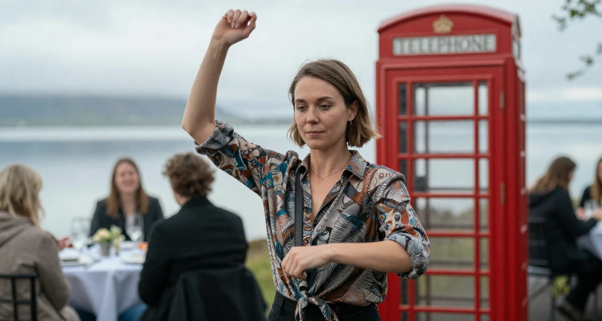 A reflective Female From Iceland, based in Hafnarfjörður, graduated from an arts academy majoring in intimate creative expression in their 32, mentoring younger colleagues, wearing a relaxed fit patterned shirt, holding a purse tightly in a banquet hall.
