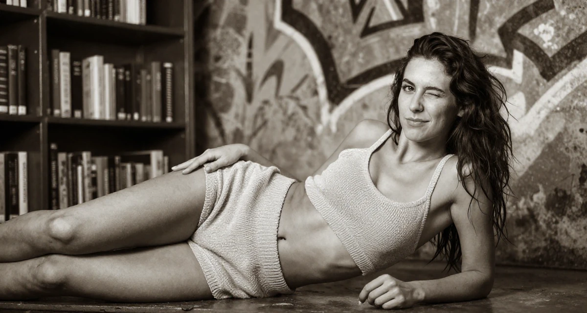 A humble Female From France, based in Marseille, graduated from a creative college majoring in intimate portrait photography in their 23, refining video style through trial and error, wearing a knitted loungewear shorts and a matching tiny top, winking playfully in a quiet library corner.