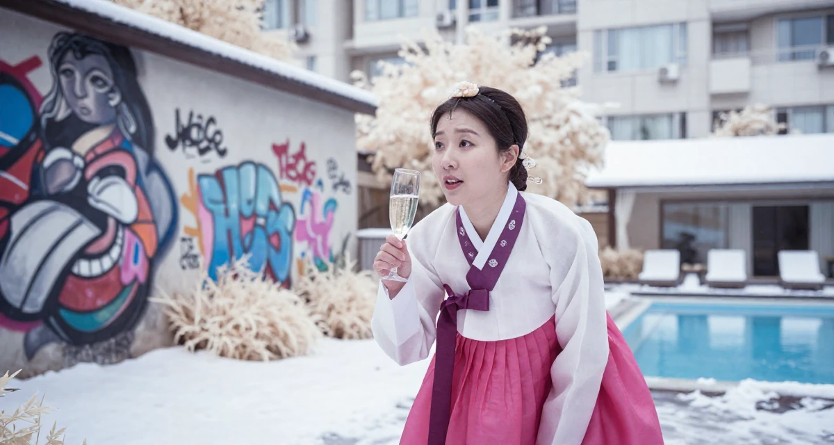A affectionate Female Former stay-in nanny, now building her own self-expression platform in their 46, fashionista proving style has no age limit, wearing a traditional hanbok modified for a modern look, holding a champagne glass in a graffiti art wall.