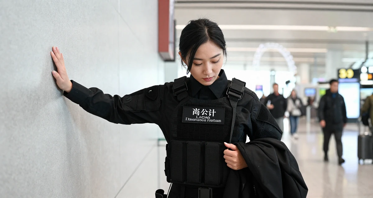 A romantic Female From China, holds a degree in human resource management in their 22, facing creative blocks during busy weeks, wearing a special forces tactical suit in matte black, unbuttoning a coat in a airport terminal.