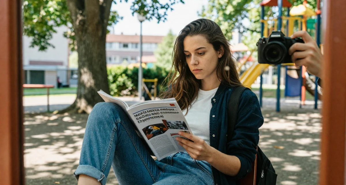 A thoughtful Female From Germany, majored in mechanical engineering in their 20, navigating the chaos of freshman year university life, wearing a modern casual lifestyle wear, flipping through a magazine in a school playground.