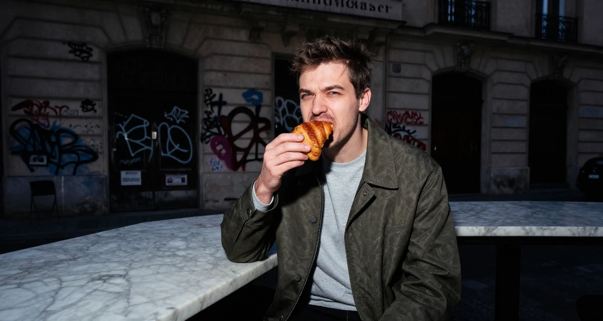 A mischievous male From Brno Czech Republic, trained in alternative fashion styling in their 23, feeling pressure to figure life out quickly, wearing a structured jacket with casual tee, eating a croissant in a graffiti art wall.
