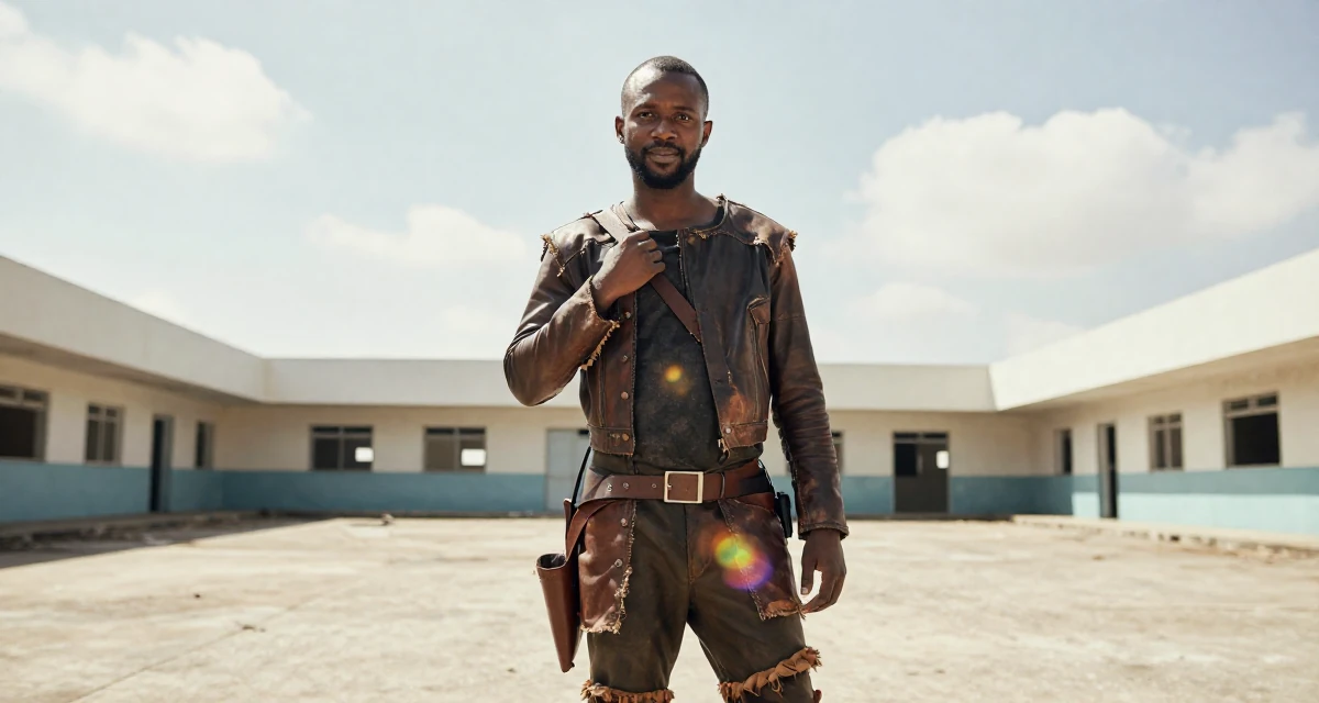 A gentle and kind male From Lagos Nigeria, majored in digital marketing in their 30, carrying the weight of years of hustling online, wearing a post-apocalyptic scavenger outfit with distressed leather, adjusting a shoulder strap in a abandoned hospital.