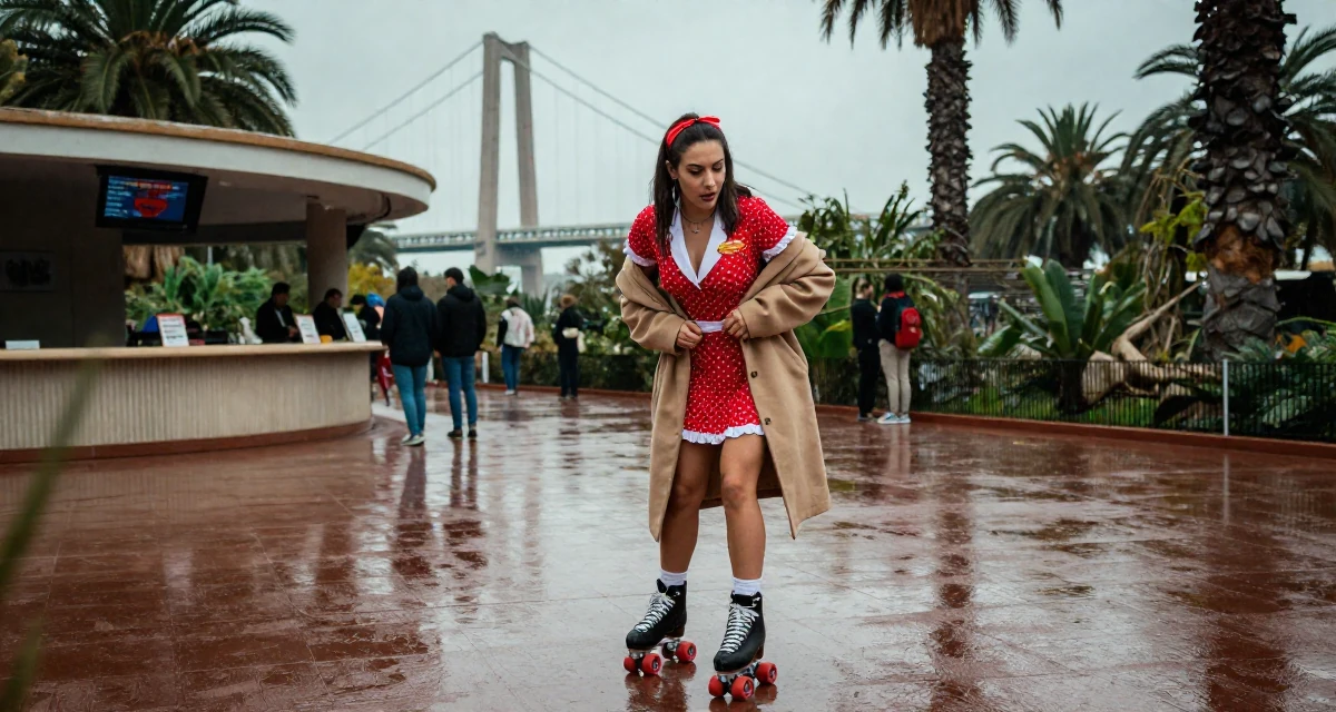 A engrossed Female From Valencia Spain, holds a degree in tourism management in their 24, building a flirty persona fans instantly recognize, wearing a retro 50s diner waitress uniform with roller skates, unbuttoning a coat in a botanical garden.