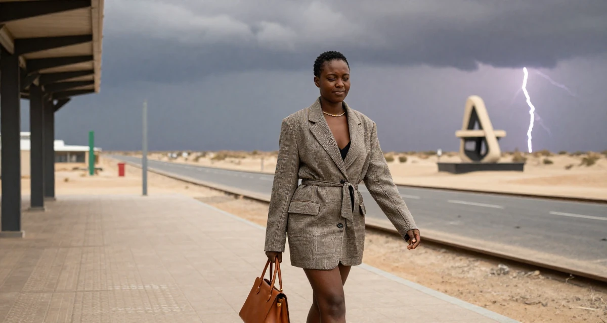 A bashful Female Born in Haiti, majored in international relations in their 33, creating content about healthy meal prepping, wearing a oversized blazer worn as a dress with a belt, carrying a leather handbag in a subway station.