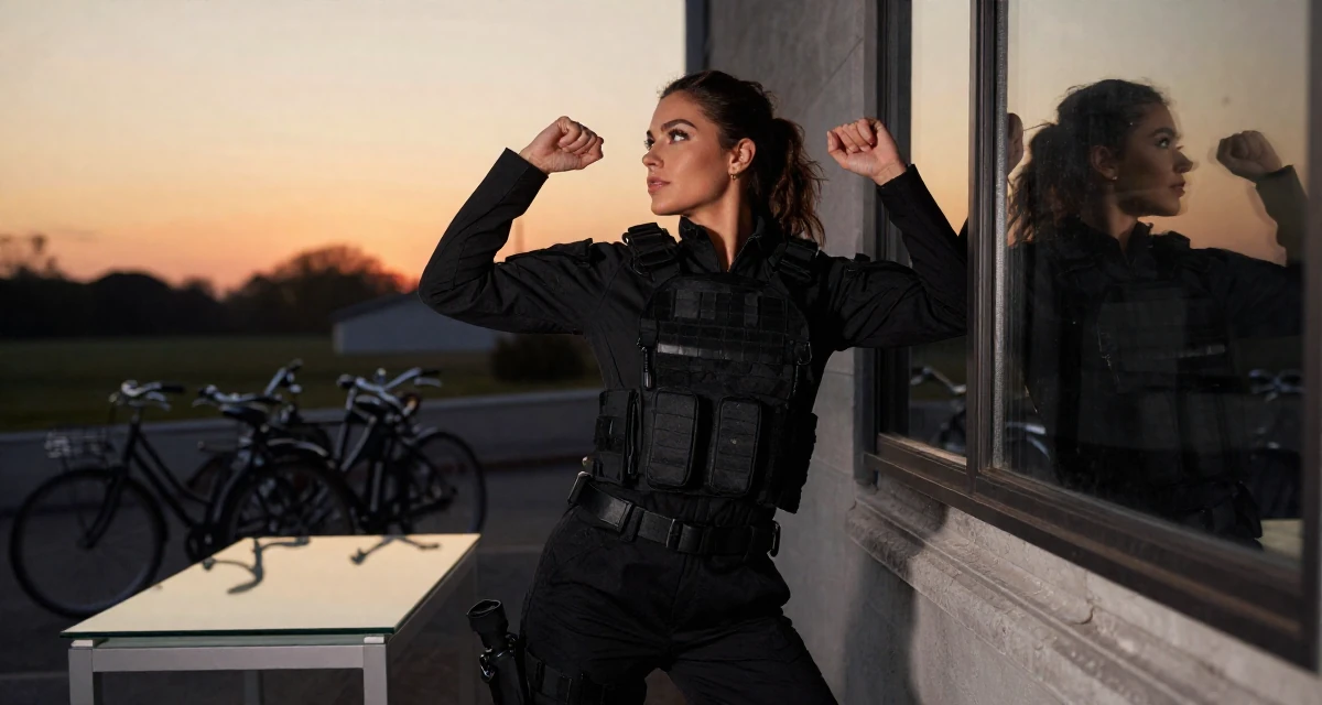 A lazy Female From UK, trained in musical theatre in their 23, embracing sultry glam aesthetics as signature style, wearing a special forces tactical suit in matte black, looking at a reflection in a window in a vintage convertible car.