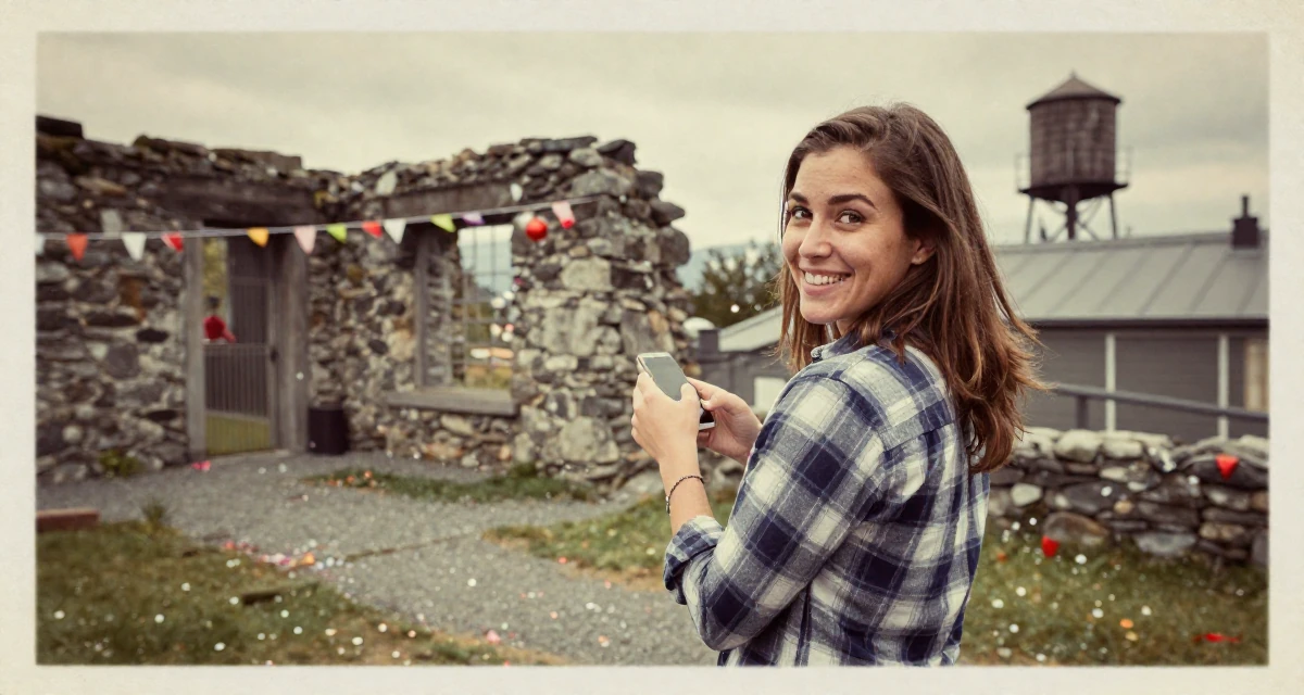 A cheerful Female From Canada, based in Vancouver, graduated from an arts institute majoring in creative media in their 25, exploring safe ways to promote content without judgment, wearing a casual plaid button-down, texting with both thumbs in a ancient stone ruins.