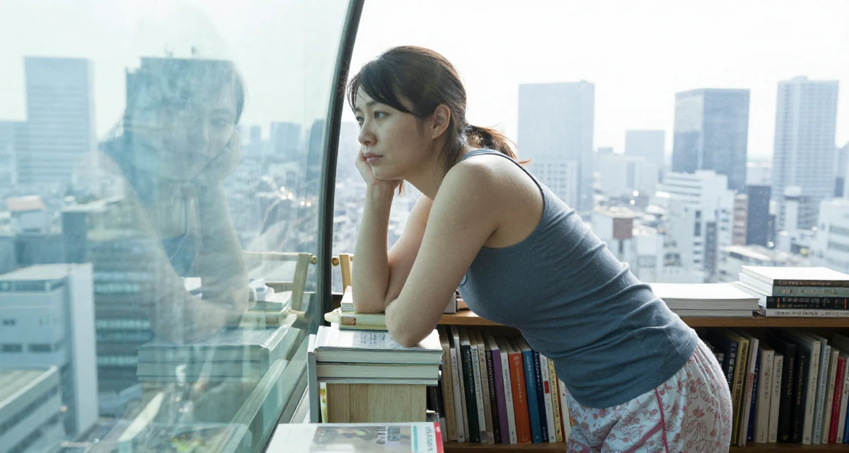 A wistful Female From Tokyo Japan, majored in literature in their 43, documenting a weight loss maintenance journey, wearing a fitted racerback tank and pajama shorts, resting a chin on a hand in a aquarium tunnel.