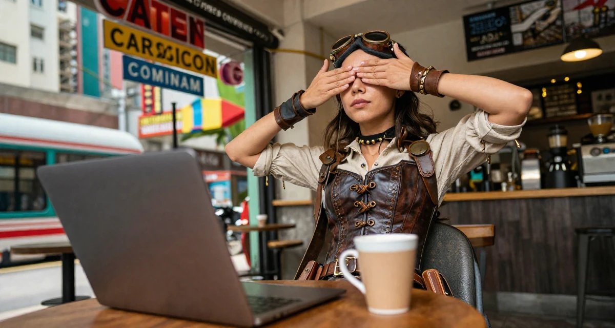 A refreshed Female From Hong Kong, majored in graphic design in their 25, exploring creativity online, wearing a steampunk adventurer outfit with a corset and goggles, covering eyes from the sun in a trendy coffee shop.
