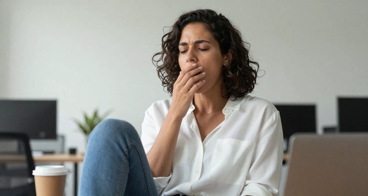 A deeply thinking Female From South Africa, studied journalism in their 20, fueled by caffeine and late-night ambition, wearing a effortless white blouse and jeans, stifling a yawn in a office workspace.