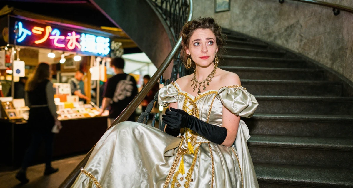 A disinterested Female From Germany, based in Düsseldorf, graduated from a design university majoring in atmospheric visual storytelling in their 20, full of naive optimism and energy, wearing a regal empress gown with heavy silk and jewelry, putting on a glove in a winding staircase.