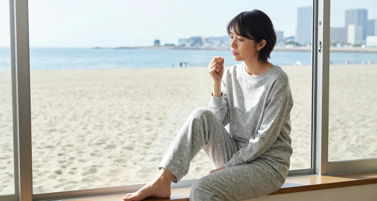 A fragile Female From Japan, majored in sociology in Tokyo in their 43, creating a supportive space for menopause, wearing a comfortable lounge wear set, picking something up in a beach promenade.