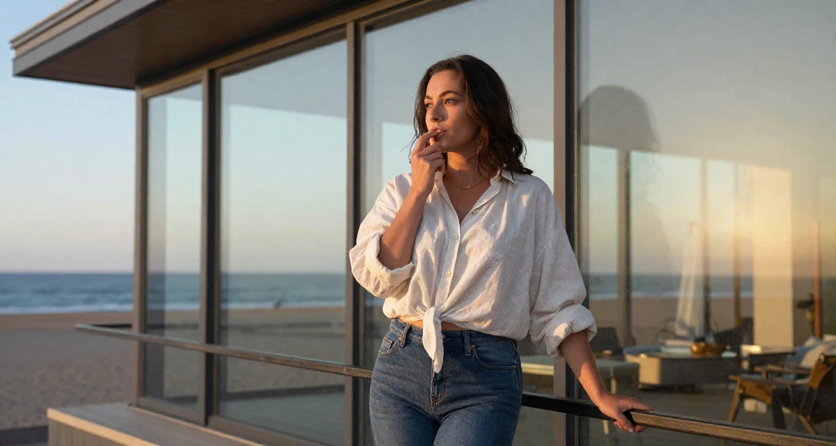 A hypnotic Female From Mongolia, majored in history and culture in their 40, embracing natural beauty and self-acceptance, wearing a loose fitting blouse tucked into tight jeans, grabbing a railing for support in a home interior.