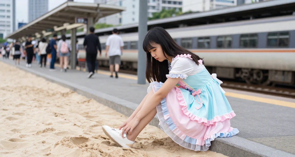 A melancholic Female Former university dropout at 22, now thriving as a digital expression artist in their 23, trying to collaborate with other creators for visibility, wearing a candy-themed magical girl dress with pastel colors, tapping a foot in a bustling city street.