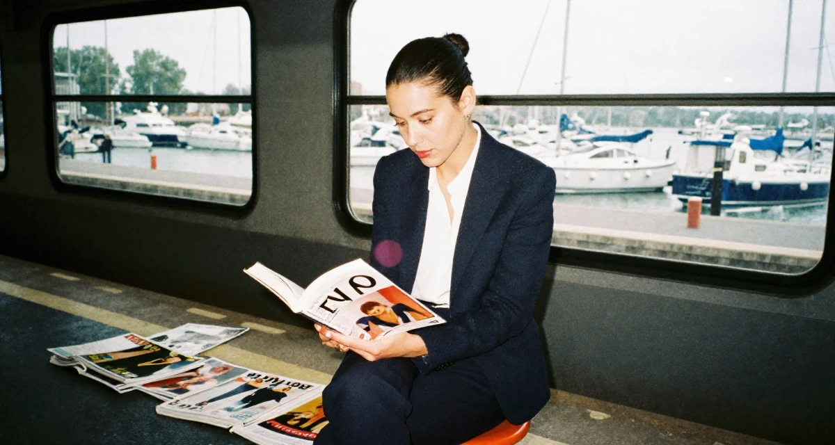 A self-assured Female From Lyon France, studied fashion marketing in their 23, learning how to say “no” to requests outside comfort, wearing a sharp business casual attire, reading a book intently in a train platform.