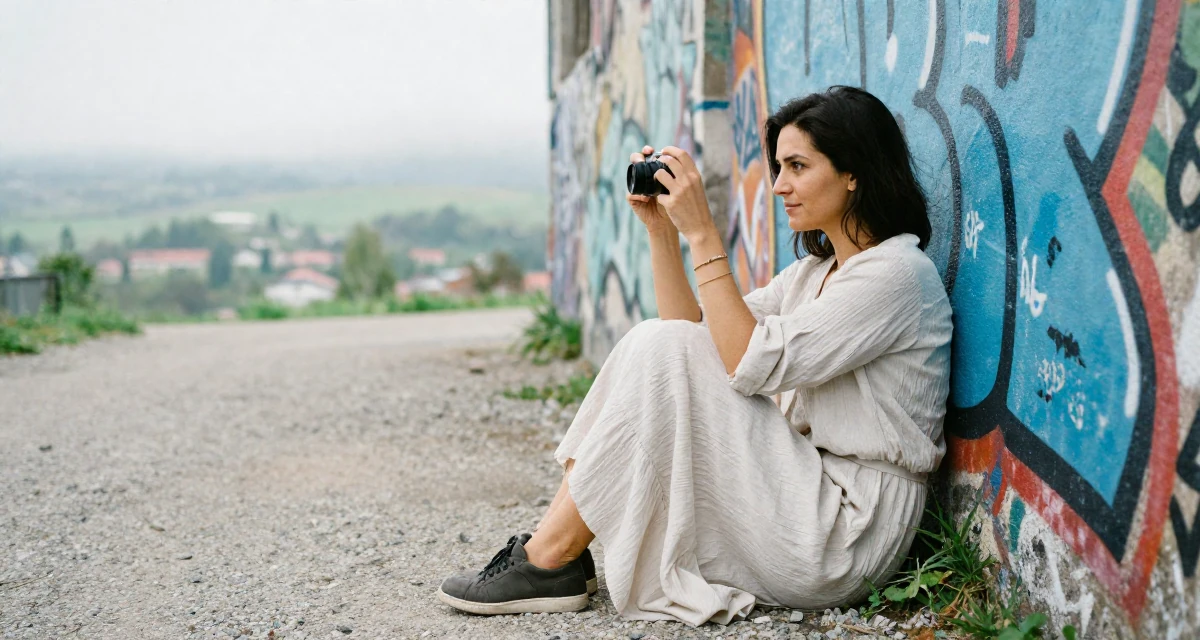 A dignified Female Former retail cashier, now monetizing aesthetic self-portraits in their 32, urban explorer finding beauty in the city, wearing a light and airy spring attire, taking a photo in a graffiti art wall.