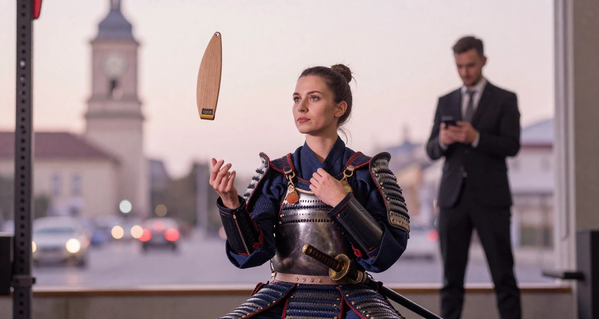 A introspective Female From Romania, based in Timișoara, graduated from a creative program majoring in evocative content production in their 24, juggling edits, shoots, and a boss who texts on weekends, wearing a samurai armor set with a katana at the waist, playing with a tie in a gym interior.