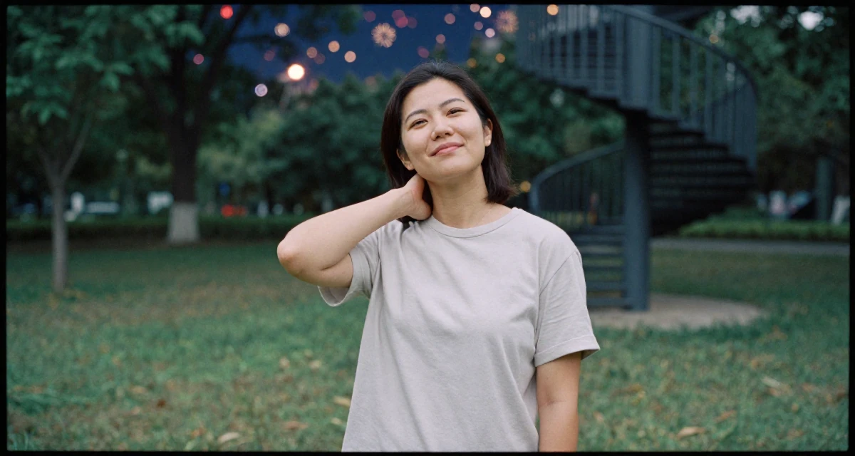 A smirking Female Once a logistics coordinator, now creating body-positivity material in their 25, identifying strengths and weaknesses, wearing a soft organic cotton clothing, massaging the neck in a quiet park.