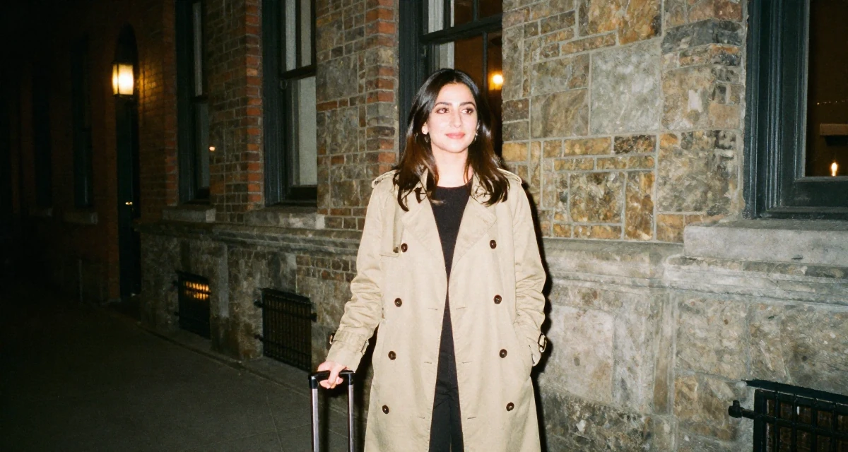 A friendly Female Raised in Pakistan, majored in mass communication in their 44, building a personal brand on authenticity, wearing a stylish trench coat over basics, polling a luggage handle in a cinema lobby.