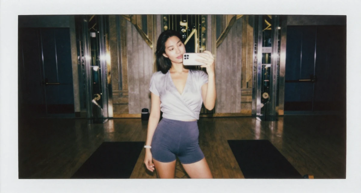 A romantic Female From USA, studied psychology and human behavior in their 31, sharing the reality of post-partum recovery, wearing a wrap-front blouse and tailored shorts, snapping a photo with a phone in a yoga studio.