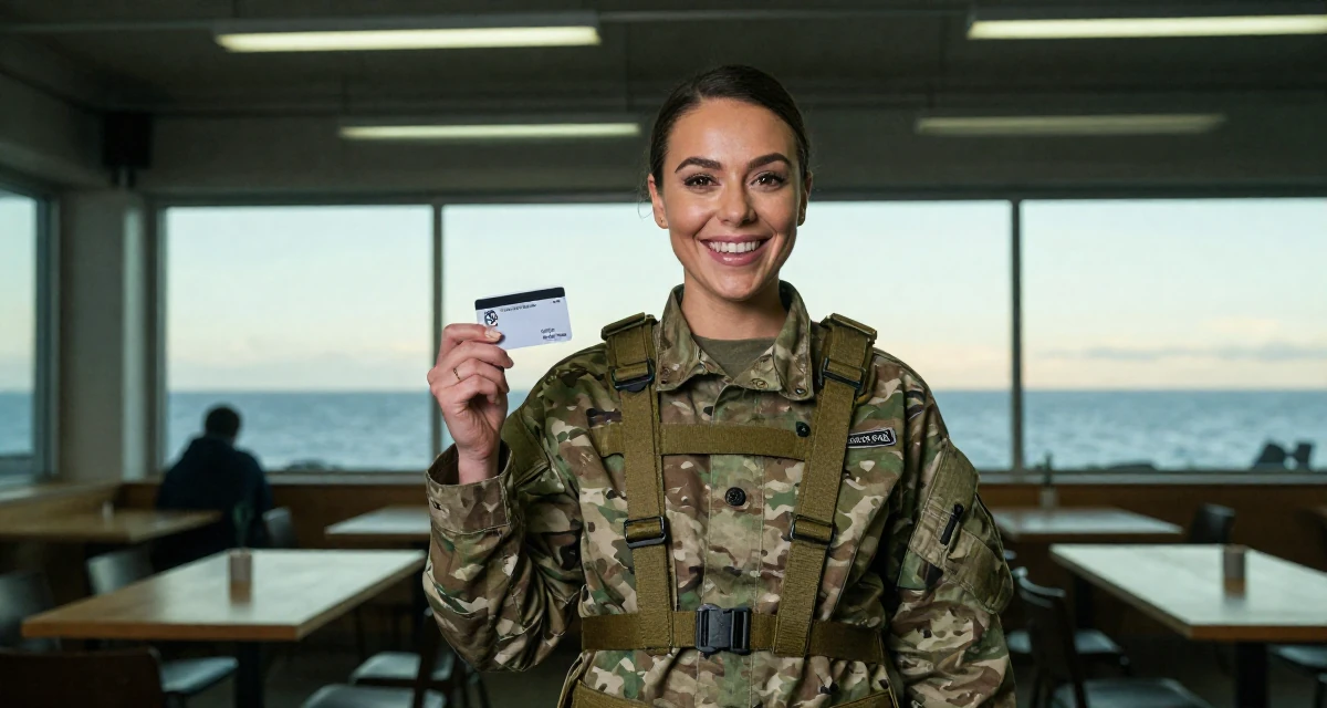 A joyful Female Born in Wales, majored in education studies in their 28, saving aggressively for first home, wearing a commando outfit with camouflage paint and tactical harness, holding a subway card in a cozy café.