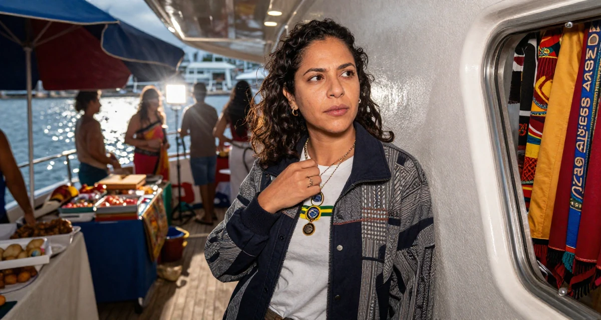 A inspired Female From Brazil, based in Rio de Janeiro, graduated from an arts academy majoring in performance aesthetics in their 49, creating content about cultural heritage, wearing a structured jacket with casual tee, touching a necklace in a yacht deck.