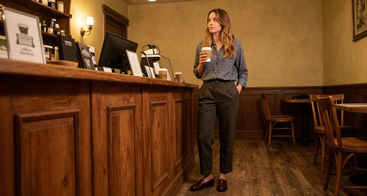 A longing Female From USA, studied computer science but switched to arts in their 22, navigating competitive academic environments, wearing a polished loafer and trousers look, holding a cup of coffee in a bakery counter.