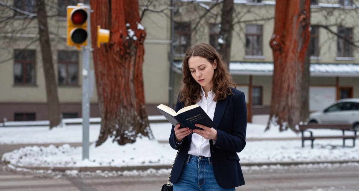 A upbeat Female From Helsinki Finland, practiced emotional expression through self-portrait art in their 21, reading philosophy and questioning everything, wearing a business casual outfit with jeans and a blazer, waiting for a light to change in a university campus.