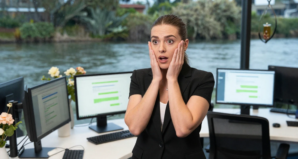 A subtly surprised Female From Sydney Australia, trained in pole fitness and expressive dance in their 24, learning how to set boundaries in private messages, wearing a sharp business casual attire, shifting weight impatiently in a cybernetic computer lab.