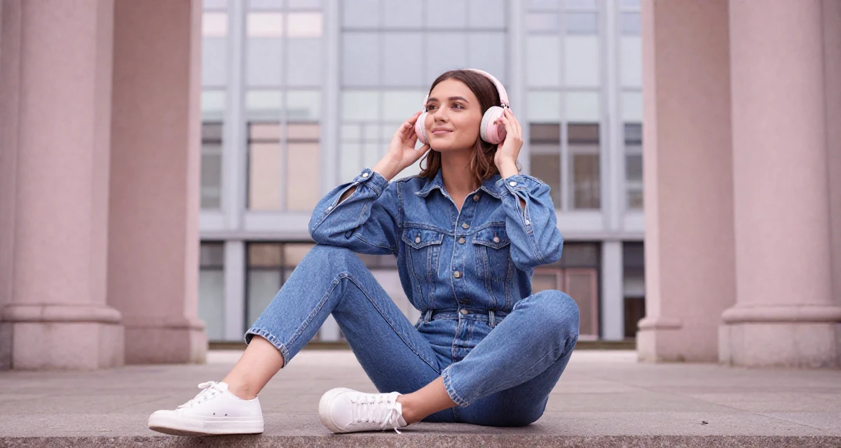 A contented Female From Belgium, based in Antwerp, graduated from a fashion school majoring in intimate costume styling in their 23, dealing with fluctuating subscriber numbers, wearing a fashionable denim on denim, adjusting headphones in a historic downtown.