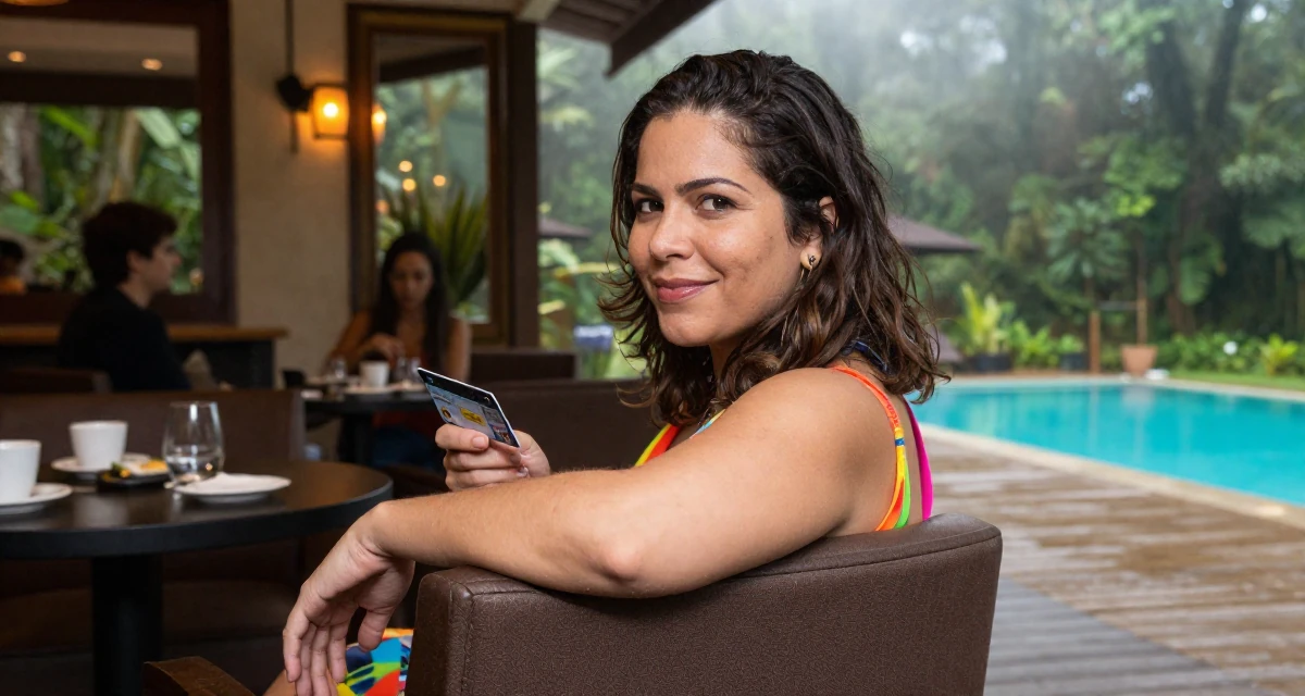 A focused Female Raised in Brazil, majored in multimedia arts in their 25, looking back at 21 with a wise smile, wearing a pop of color accessory look, holding a subway card in a trendy coffee shop.