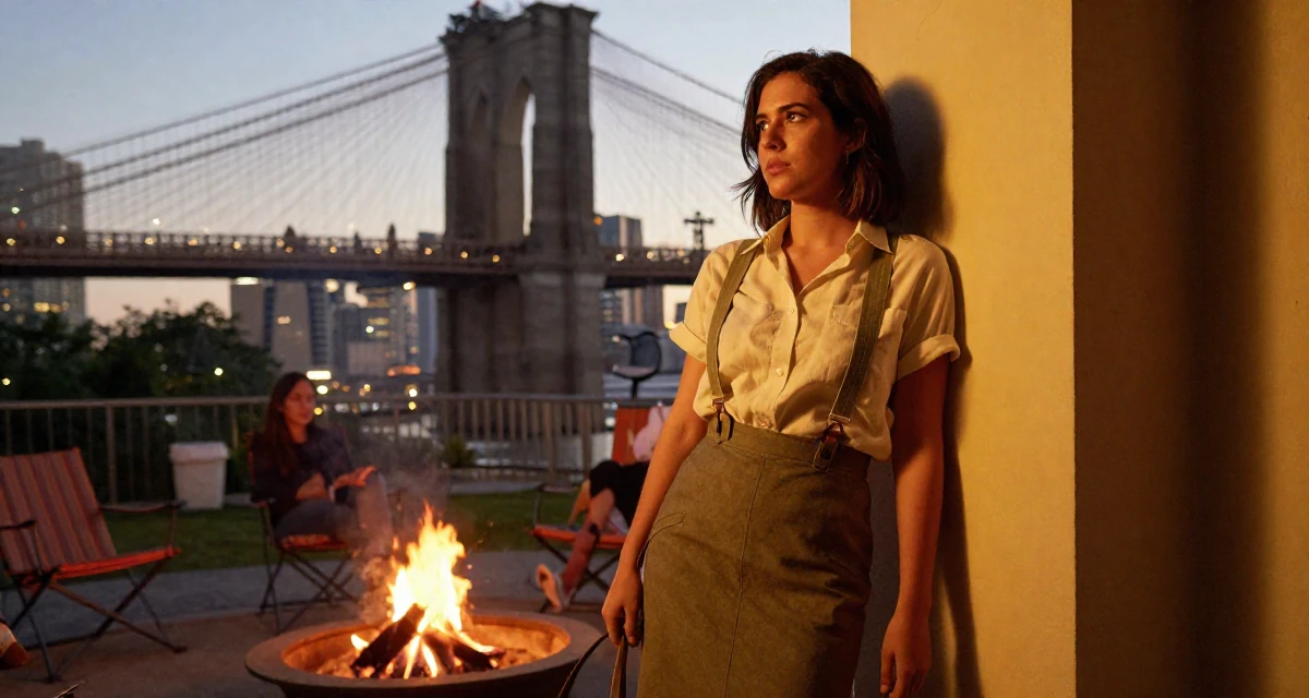 A hypnotic Female From Cebu Philippines, majored in nursing in their 27, contemplating a major career pivot, wearing a high-waisted skirt with suspenders and a shirt, holding a leash in a campfire circle.