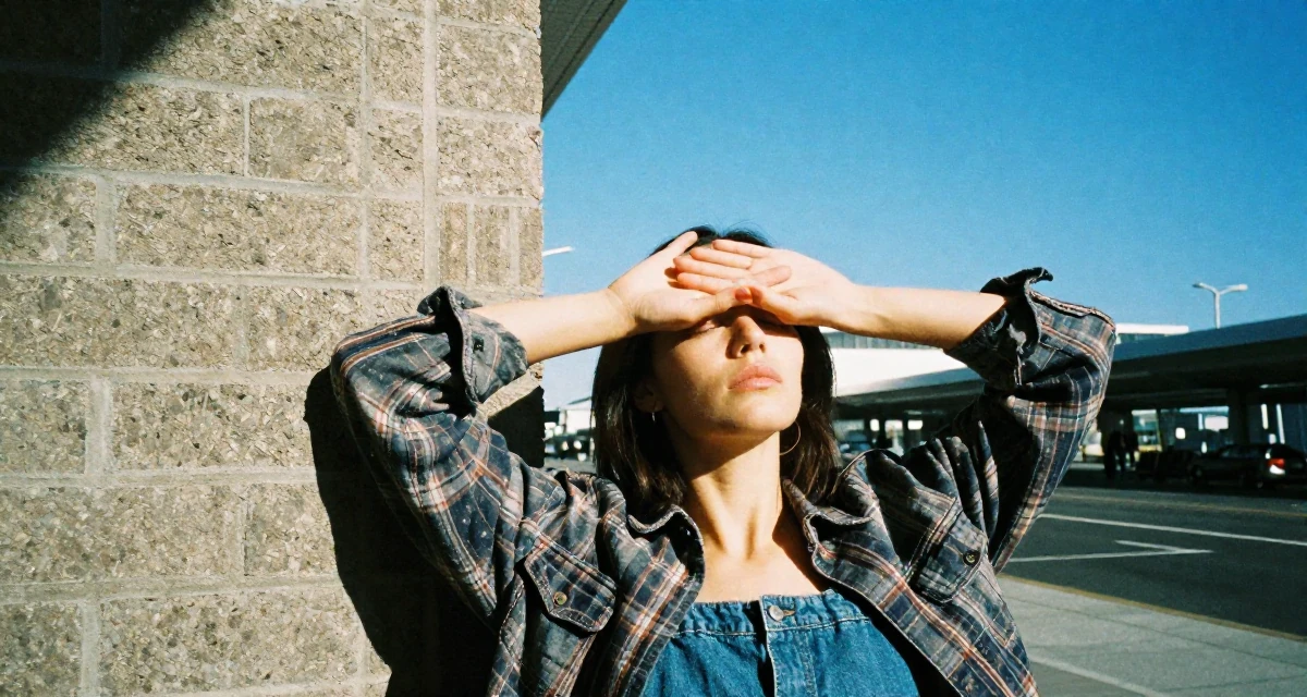 A vulnerable Female From USA, dropped out of art school to pursue modeling in their 32, sharing budget-friendly interior design tips, wearing a rugged flannel shirt and denim, covering eyes from the sun in a airport terminal.