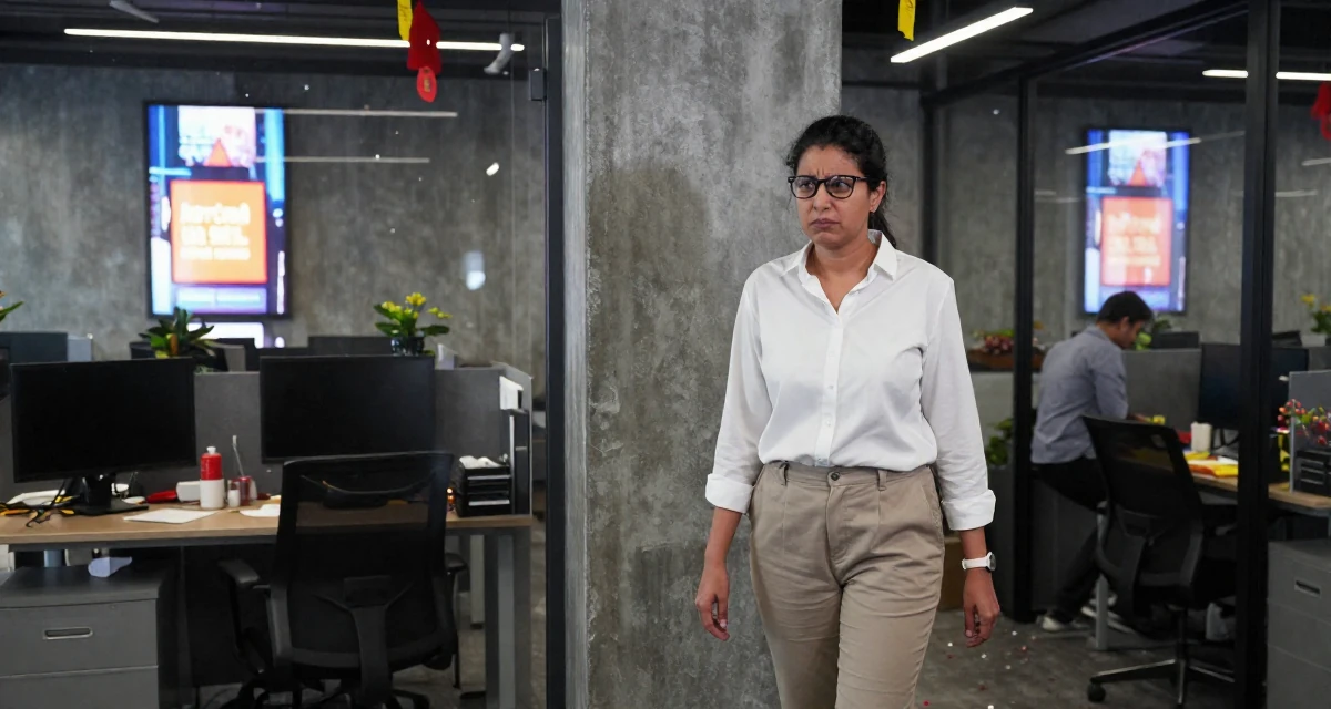 A impatient Female From New Delhi India, majored in English literature in their 36, sharing tips for organizing a chaotic home, wearing a crisp white shirt and chinos, taking a deep breath in a office break room.