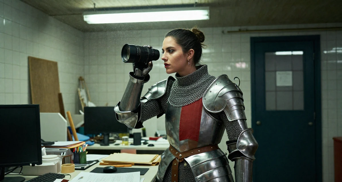 A focused Female From United States, majored in hospitality operations in their 23, embracing sultry glam aesthetics as signature style, wearing a female knight armor with a tabard and chainmail, looking through a bag in a messy artist studio.