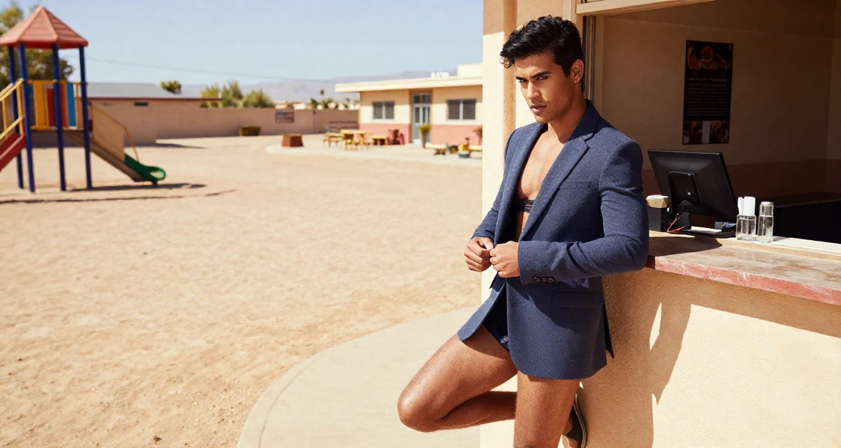 A intense and captivating male Once a makeup counter employee, now teaching glam techniques to fans in their 28, feeling a renewed sense of ambition, wearing a fitted blazer with nothing underneath but a lace bra (hinted), pulling a sweater sleeves over hands in a school playground.