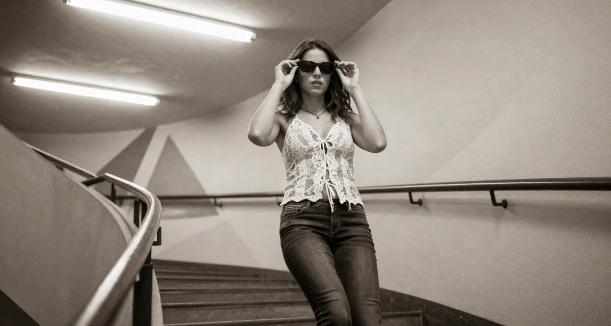 A curious and focused Female From Geneva Switzerland, studied international hospitality in their 23, developing more mature, confident branding, wearing a lace-up front top and skinny jeans, putting on sunglasses in a winding staircase.